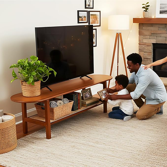 Tiita Bamboo TV Stand with Storage for TV up to 65 inch, Bamboo Rattan TV Con...