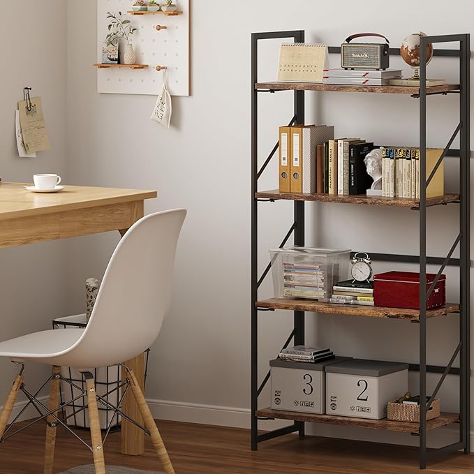 JSB No Assembly Folding Bookshelf, 4 Tier Industrial Metal Book Shelf for Sto...