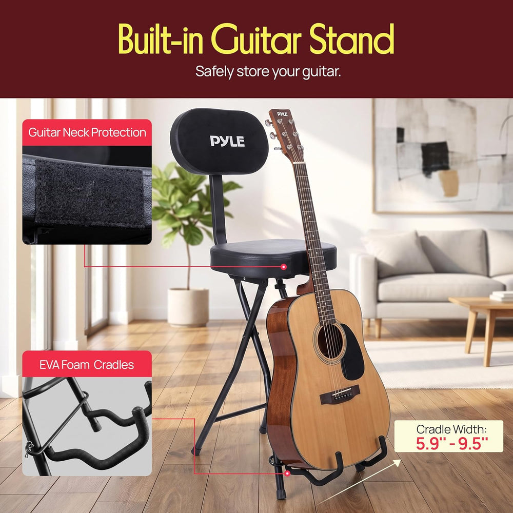 Pyle Adjustable Guitar Seat with Built-In Stand, EVA Foam Padded Cradles, Rem...