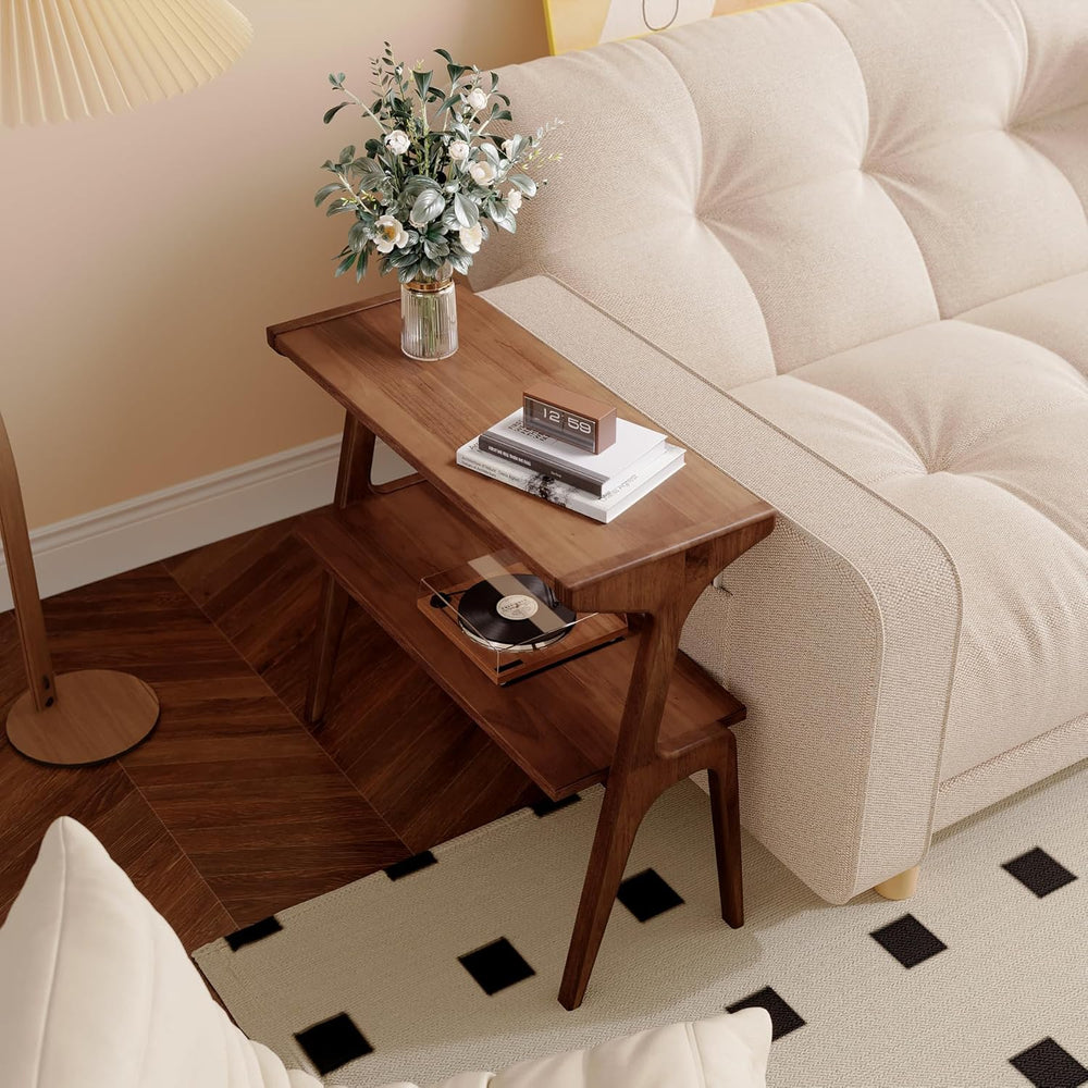 Solid Wood End Table, 2-Tier Side Table with Storage Shelf, Wooden Modern Acc...