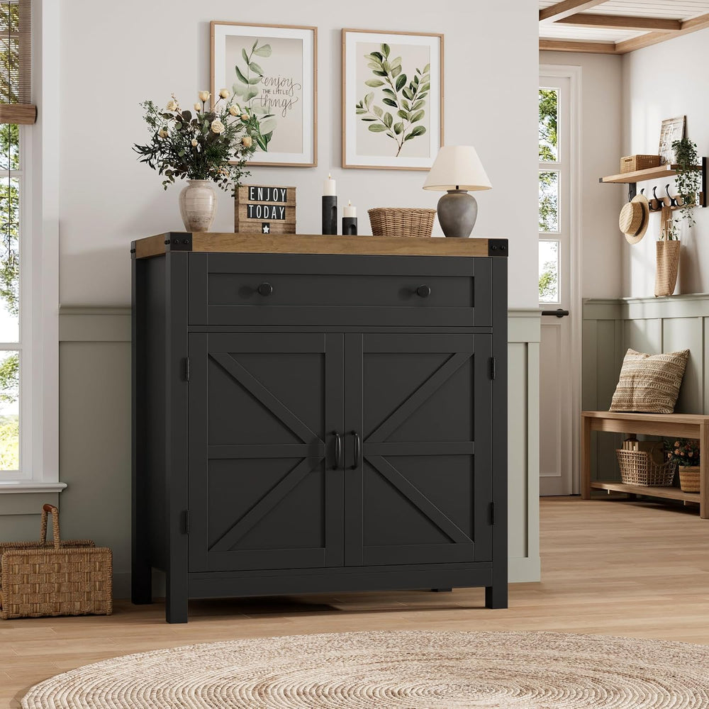 HOSTACK Kitchen Storage Cabinet, Farmhouse Coffee Bar Cabinet, Black/Brown