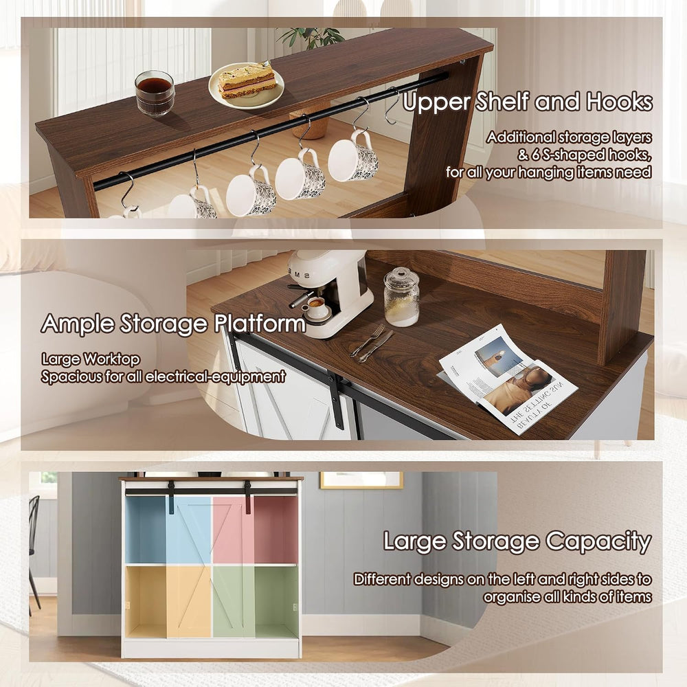 Farmhouse Coffee Bar Cabinet with Sliding Barn Door and Storage