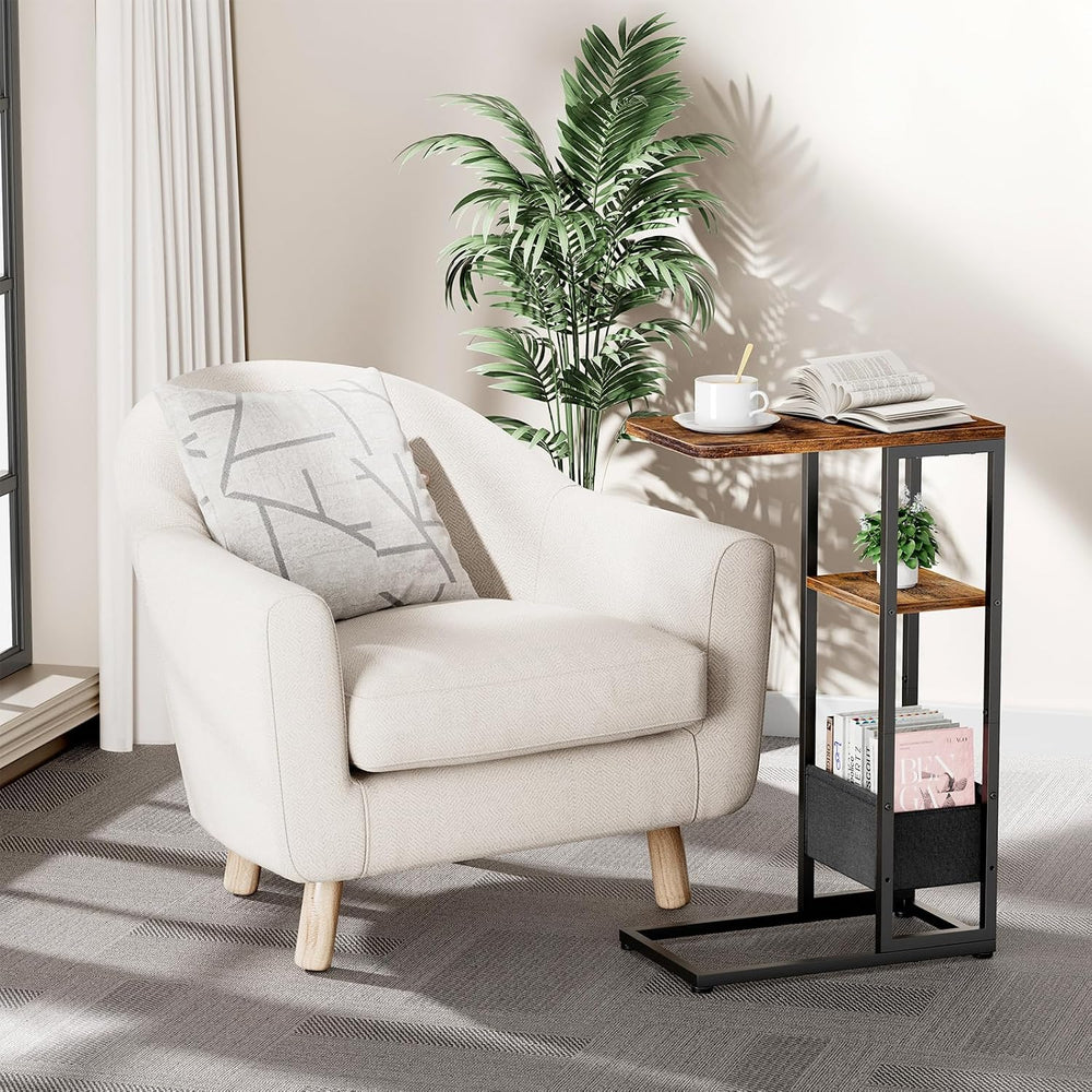 C Shaped End Table, Small Side Table for Couch, Recliner, Slide Under Sofa Tr...