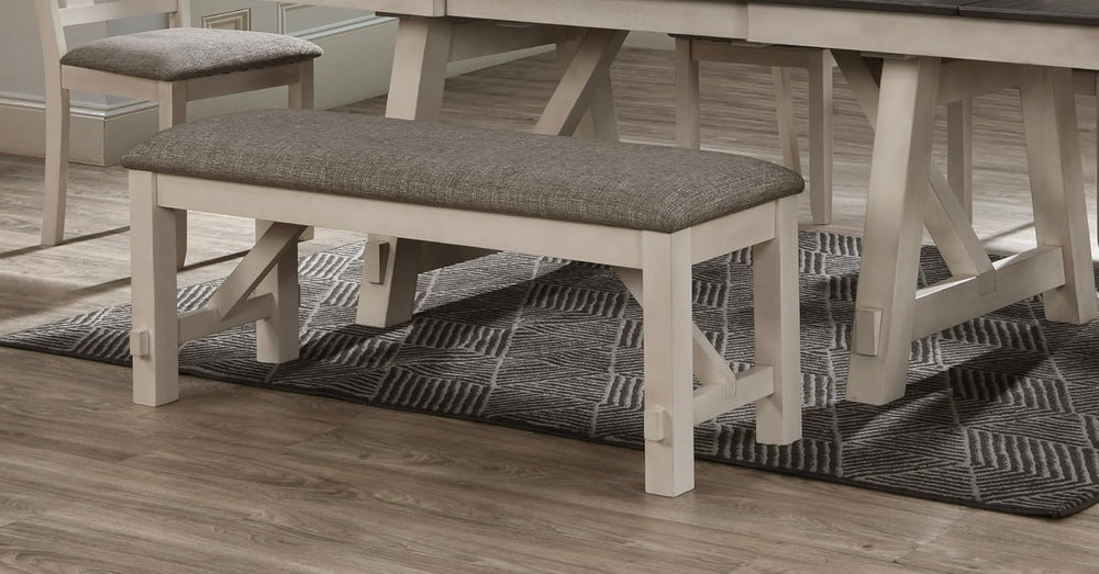 Dining Bench 48 Inch Upholstered Seat Cottage Style Chalk Gray Finish Cream F...