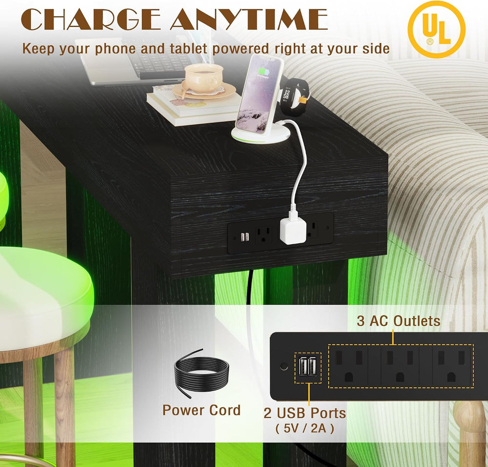 63" Extra-Long Modern Console Table with Charging Station, RGB LED Light...