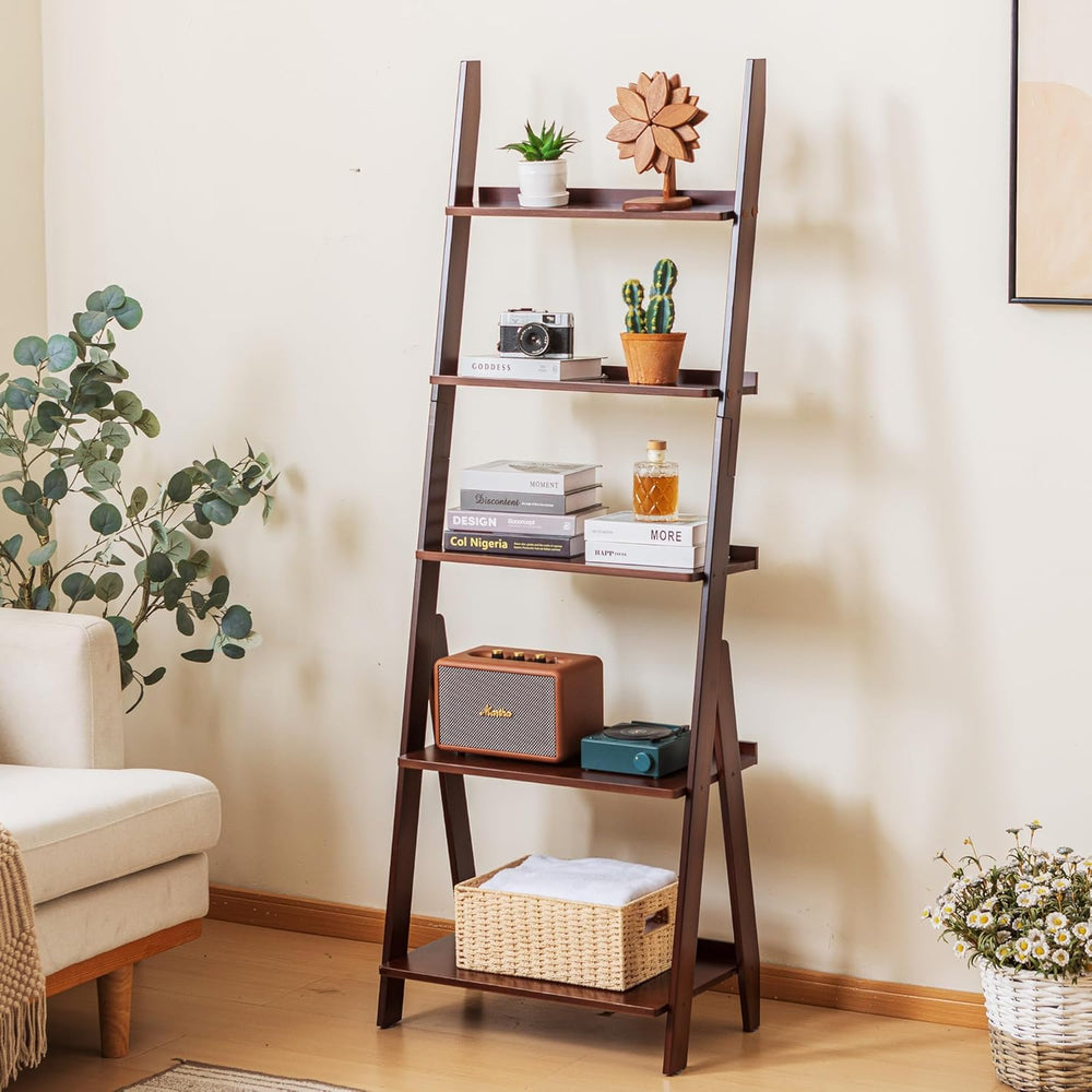 Maydear Bamboo Ladder Shelf Bookcase, 5-Tier Leaning Bookshelf Free Standing ...