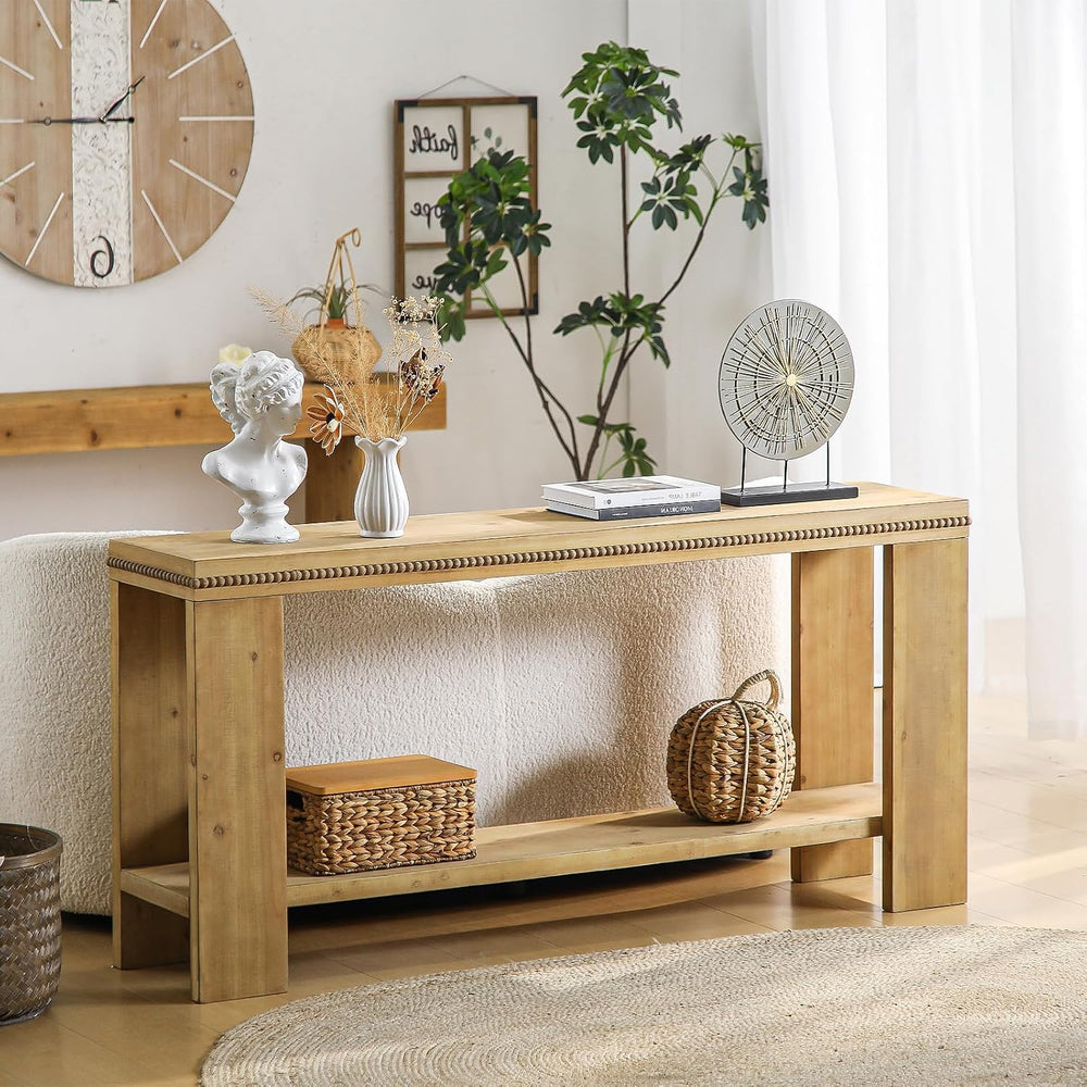 Console Sofa Table with Storage, 63" Long Wood Console Table with Beaded...