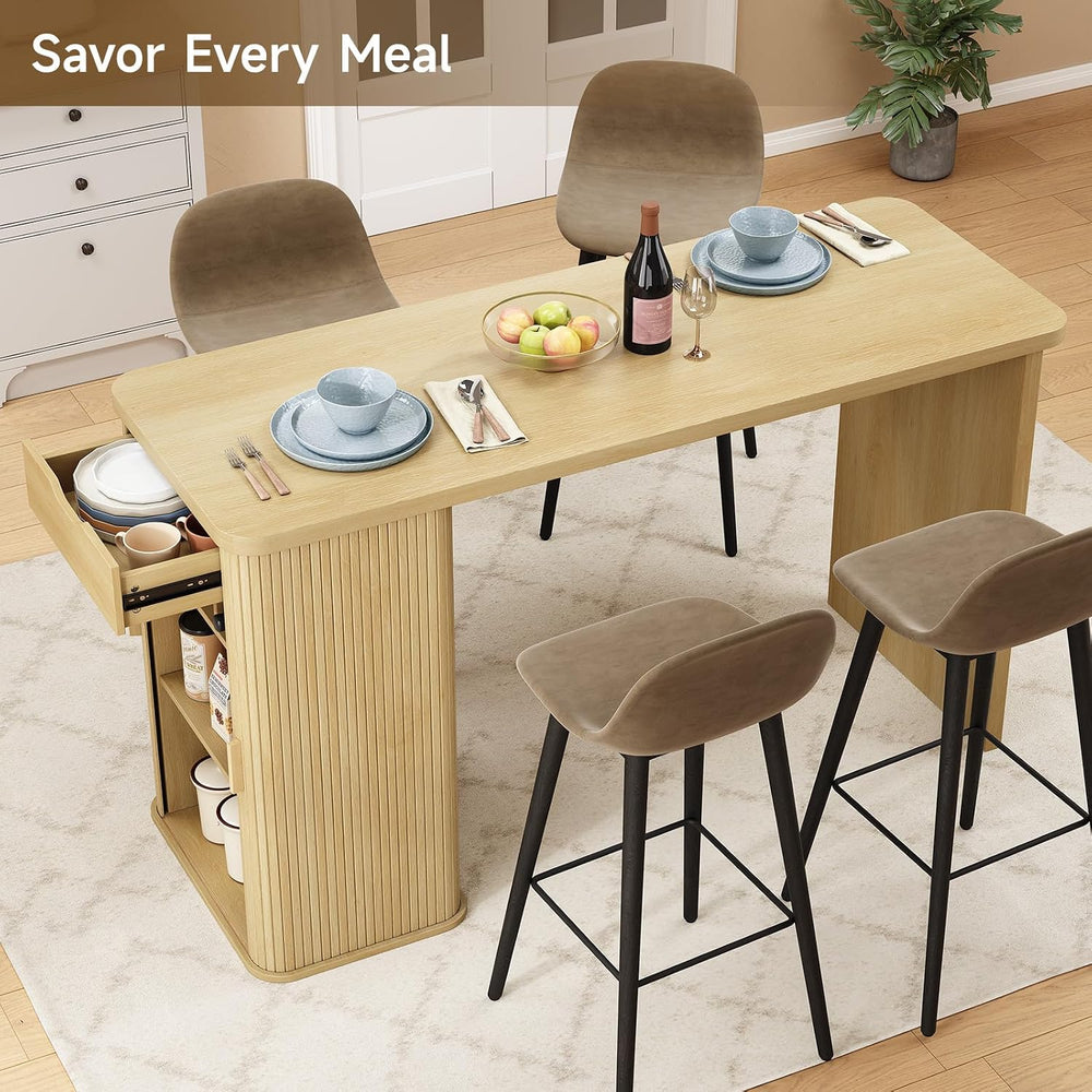 ONBRILL 59 Inch Fluted Kitchen Island with Storage Oak
