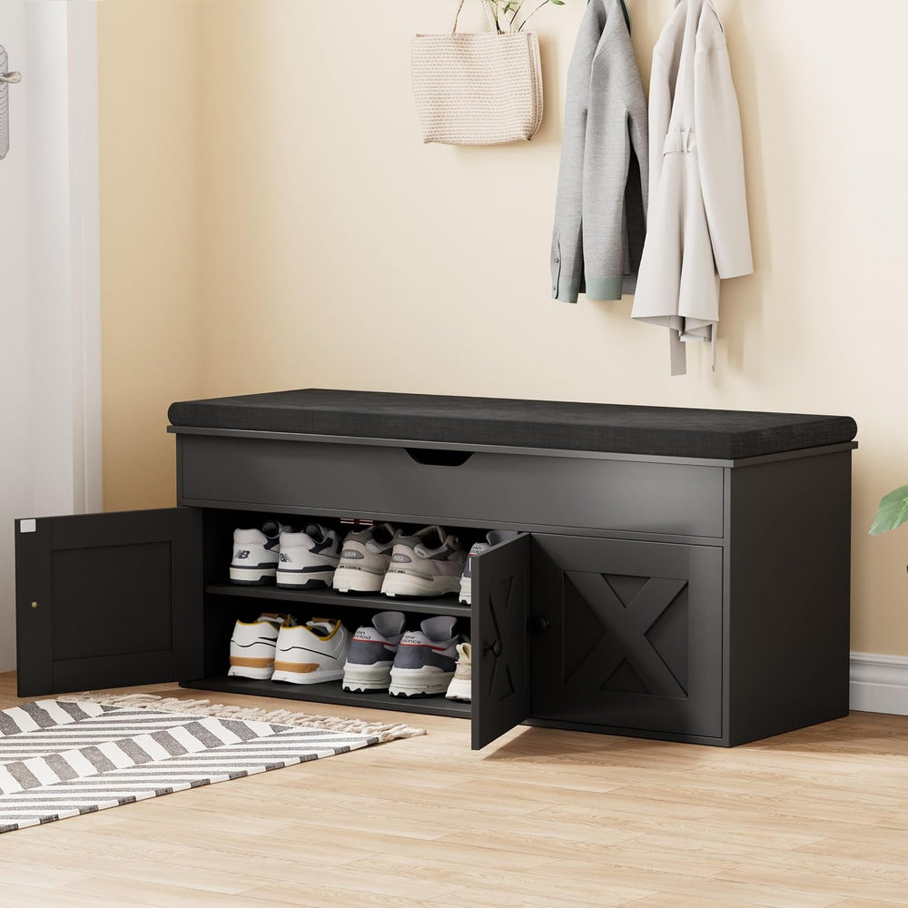 Homleke Shoe Storage Bench with Lift Top & 3 Barn Doors, Entryway Bench w...