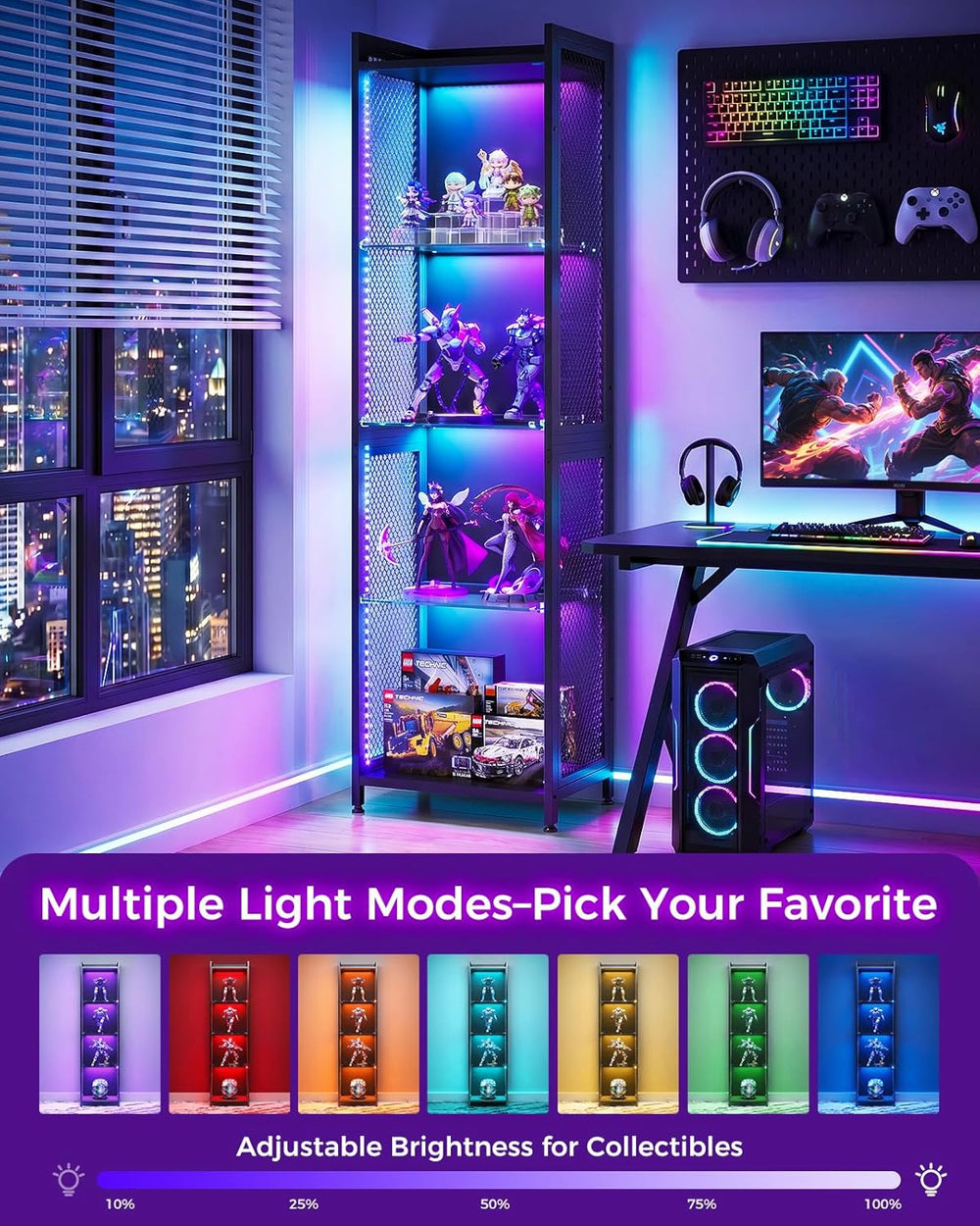 AODK Display Case with LED Lights, Display Cabinet with Open Glass Shelves fo...