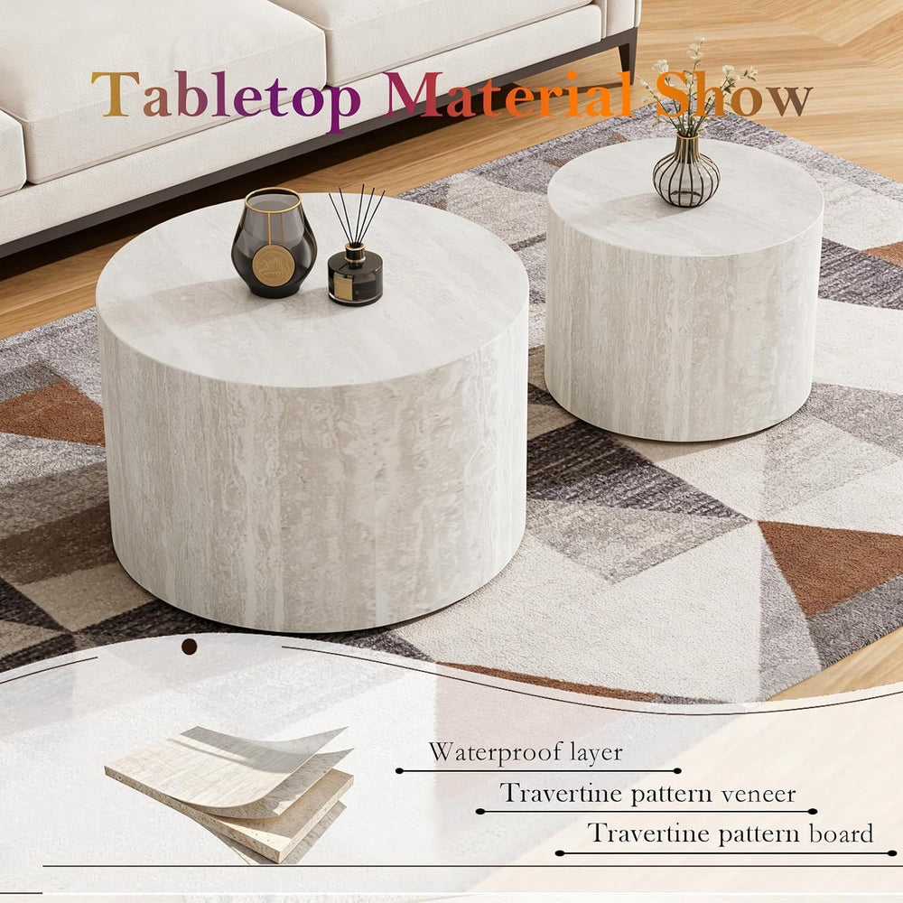 Round Travertine Nesting Coffee Table (A 18.1+14.6in) | Modern Circular Accen...
