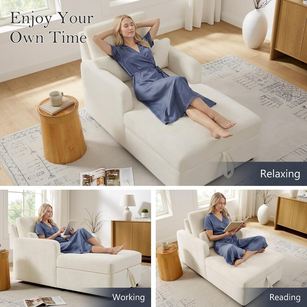 58" Oversized Chaise Lounge Chair with Storage, Chenille Beige