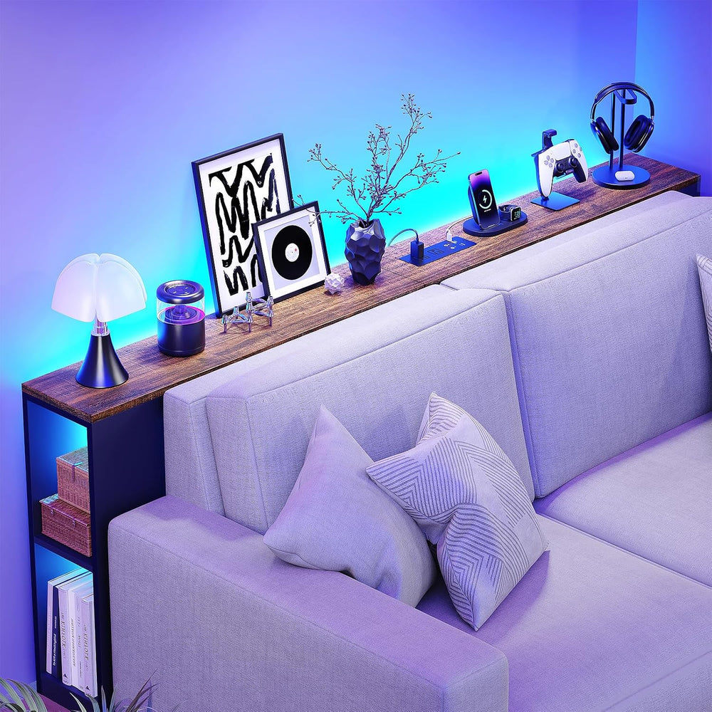 BROTTAR 79" Long Behind Couch Table with LED Lights and Power Outlet, Br...