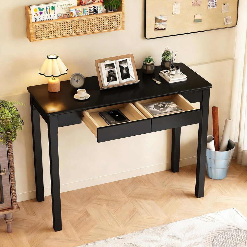 Solid Wooden Desk with Drawers - 39 x 16 Inch Modern Narrow Desks, Rubberwood...