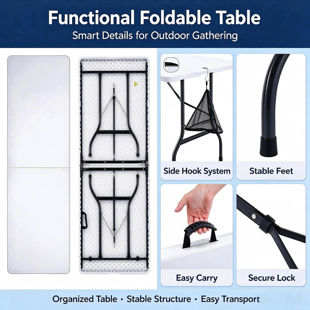 VECELO 6Ft Folding Picnic Table, Indoor Outdoor Plastic Portable Foldable Des...