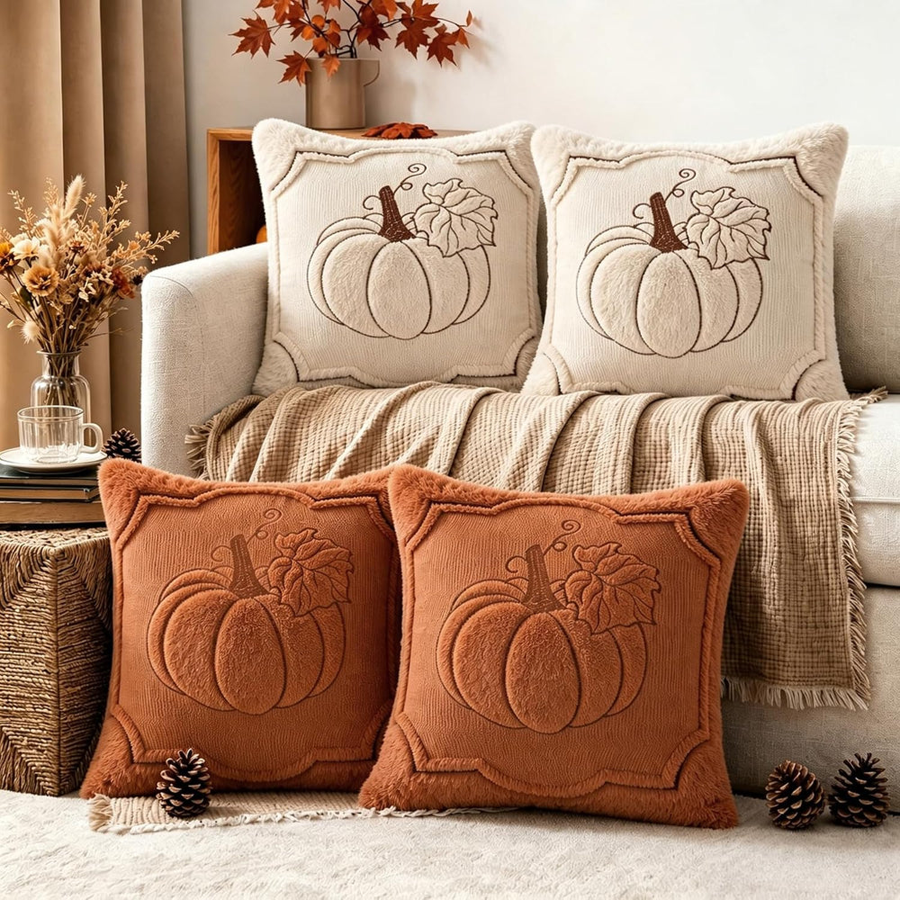Fall Throw Pillow Covers 18x18 Set of 4 Beige & Orange Pumpkin Pillow Cover