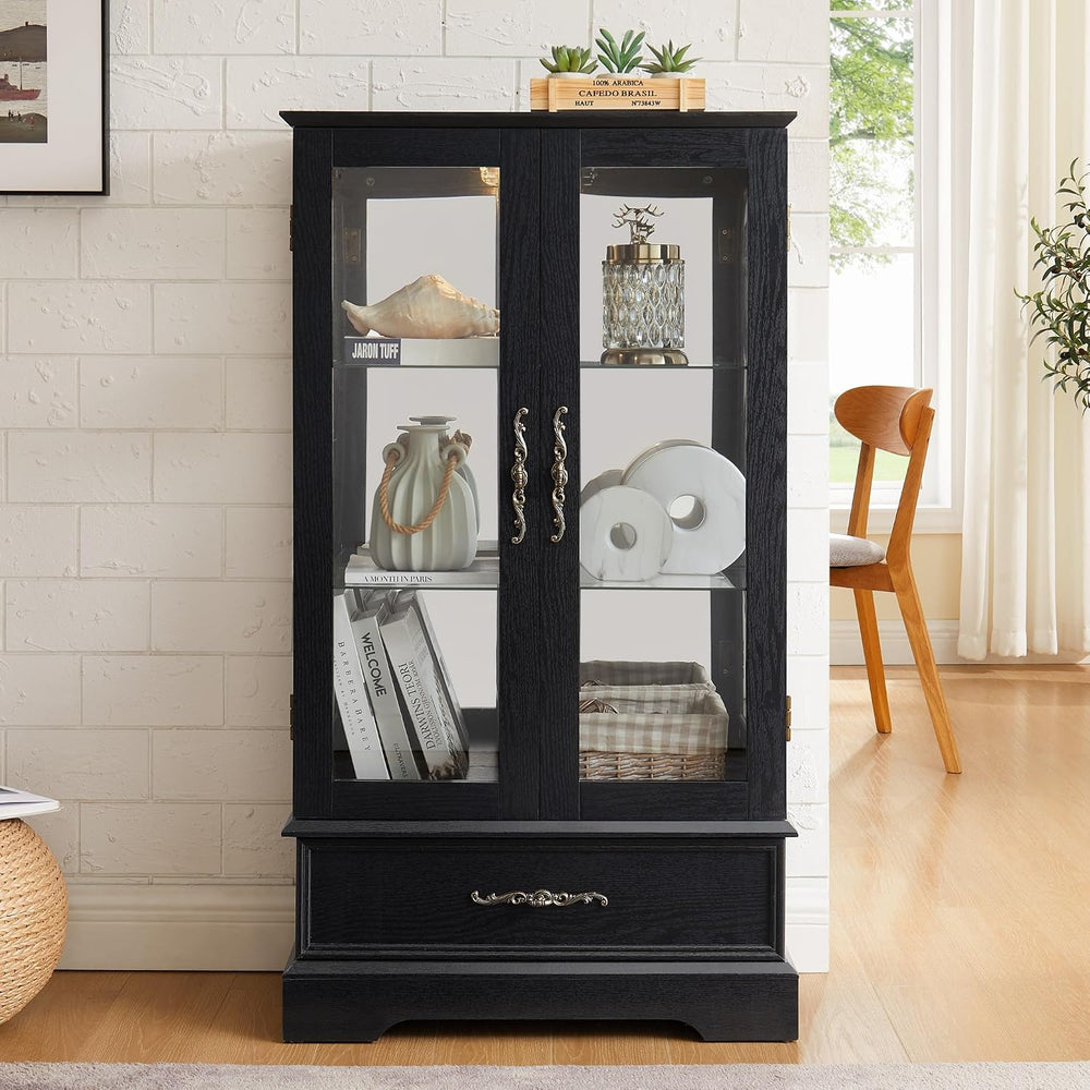 47" Lighted Glass Accent Curio Cabinet, 3-Tier Antique Storage Cage with...
