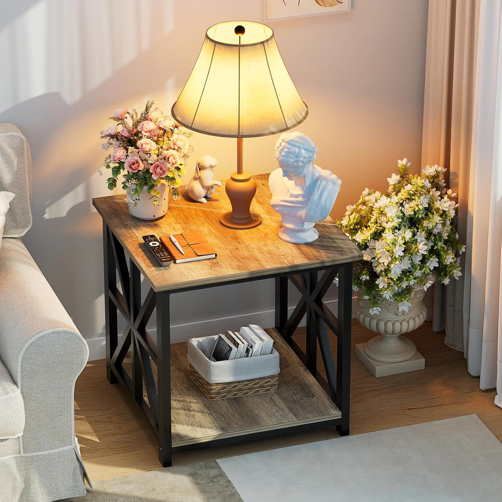GreenForest Large End Table with X-Shaped Metal Frame for Living Room