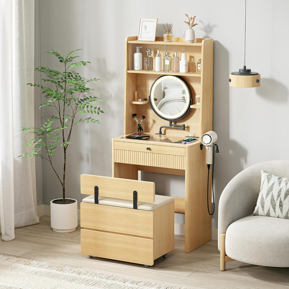 IRONCK Small Vanity Desk with LED Mirror, Glass Top & Storage Stool | 26-...