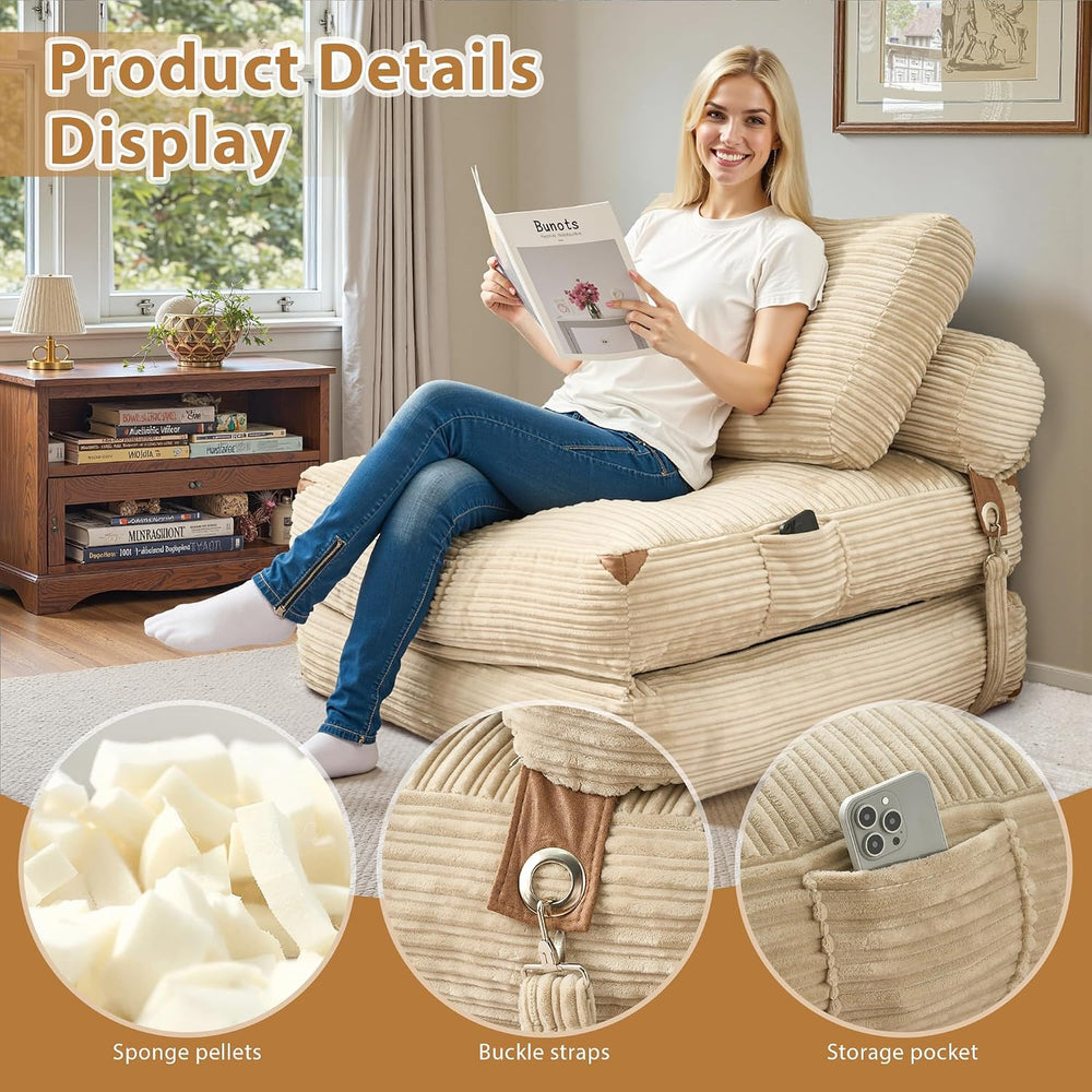 Foldable Sofa Bed,Boneless Convertible Chair Bed with Pillow,Beige