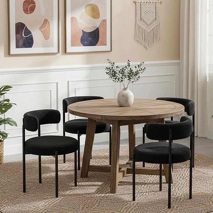 Boucle Dining Chairs Set of 2, Black Dining Chairs with Upholstered Seat and ...