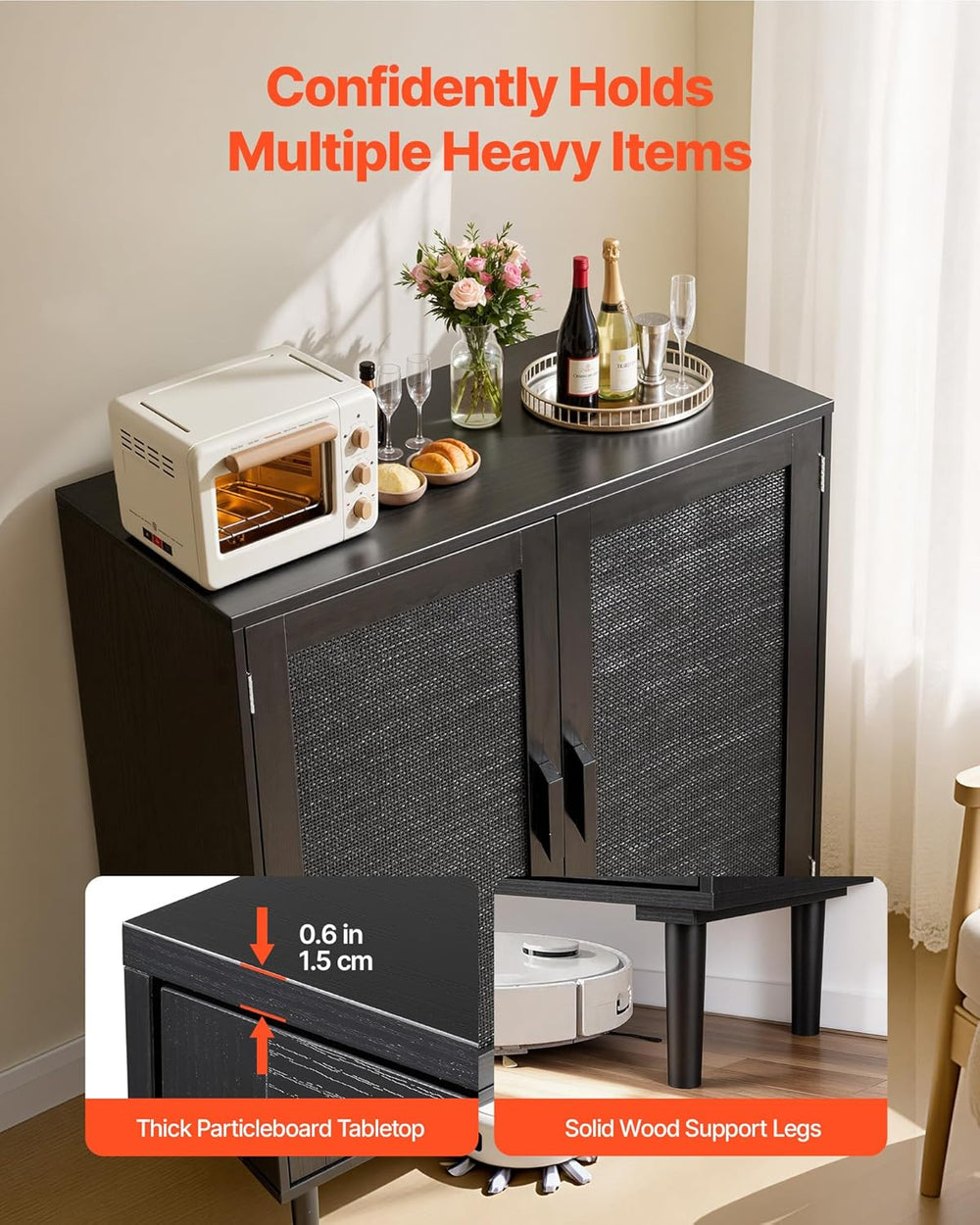 VEVOR Buffet Cabinet, Rattan Sideboard Cabinet with 2 Magnetic Doors and Adju...