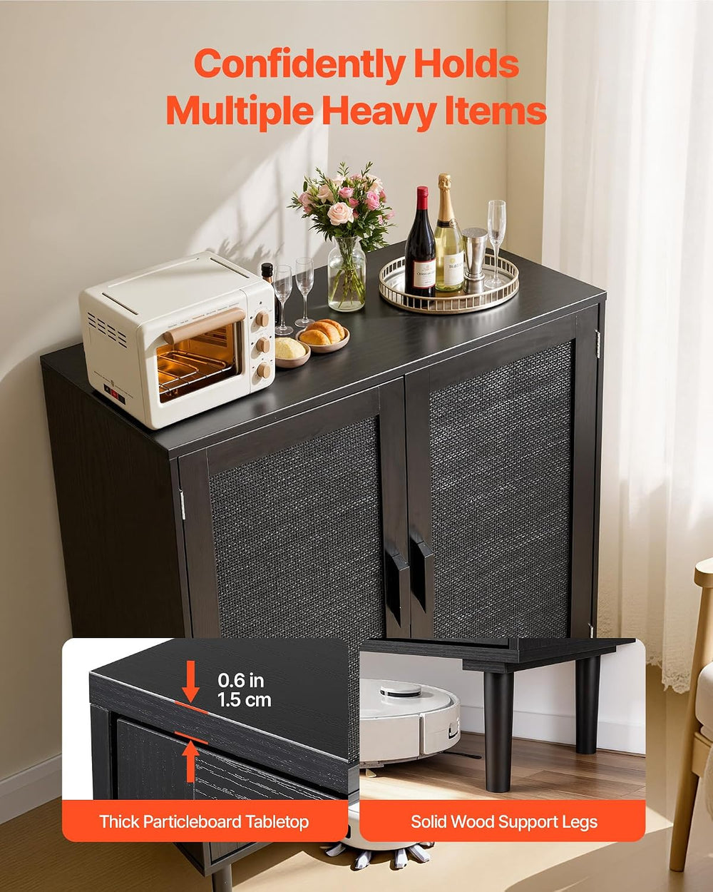 VEVOR Buffet Cabinet, Rattan Sideboard Cabinet with 2 Magnetic Doors and Adju...