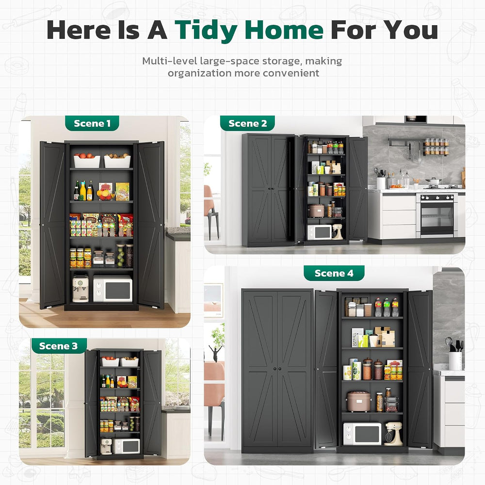Greenvelly 63" H Black Farmhouse Metal Pantry Cabinet, Kitchen Pantry St...