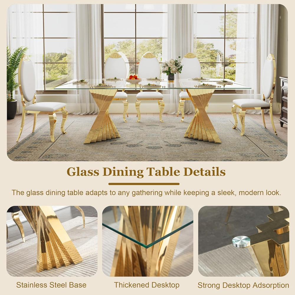 Luxury 94" Glass Dining Table for 8-10 People, Modern Rectangle Tempered...