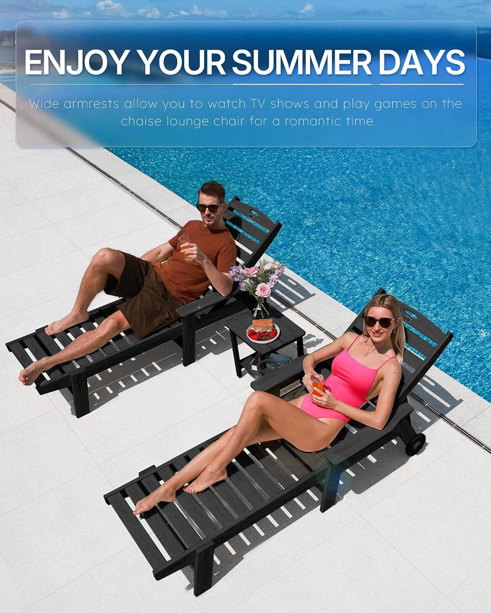 Patio Chaise Lounge Chair Set of 2, Oversize Lounge Chairs with Wood Texture&...