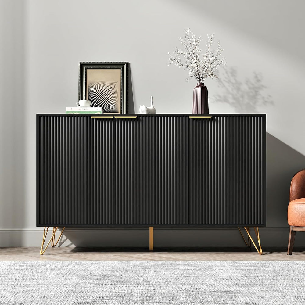 Storage Cabinet with 3 Doors, Metal Legs and Adjustable Shelf, Black丨Sideboar...