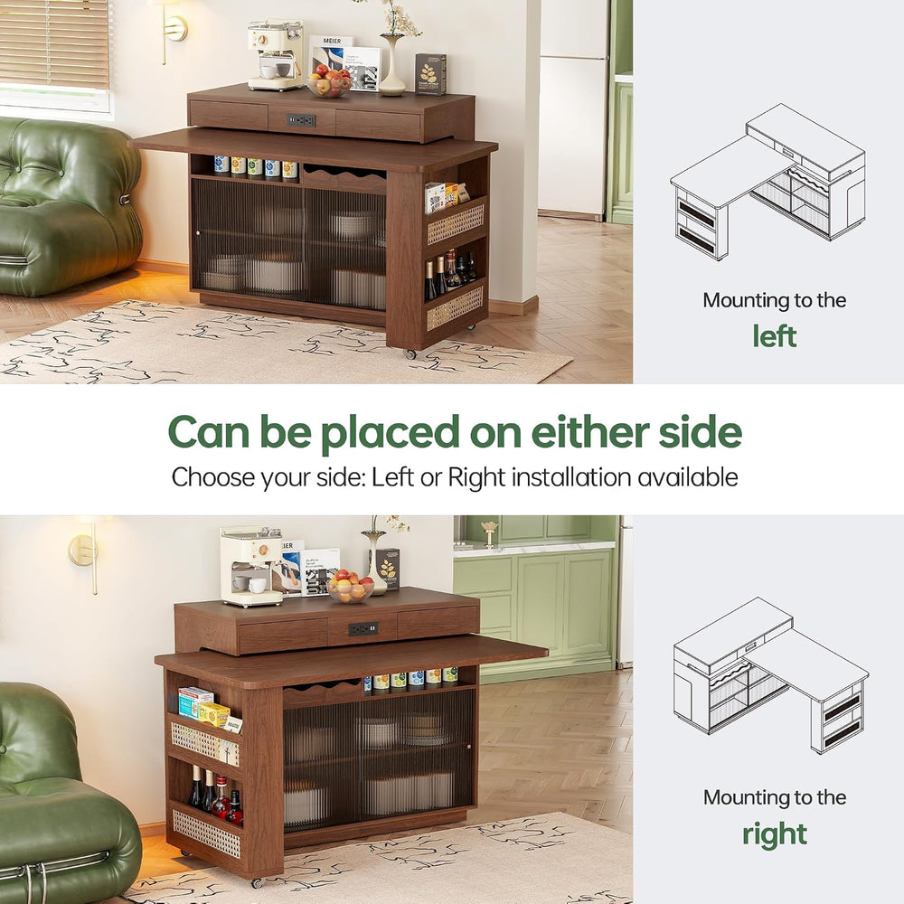 47" Expandable Mobile Kitchen Island with Power Outlet, 180° Sliding Tab...