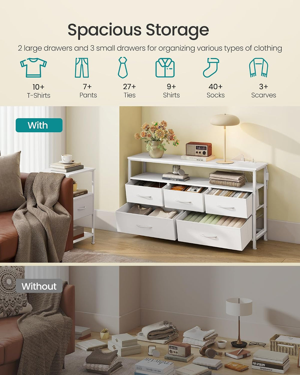 SONGMICS Dresser with App-Controlled LED Lights, 5 Fabric Drawers Dresser