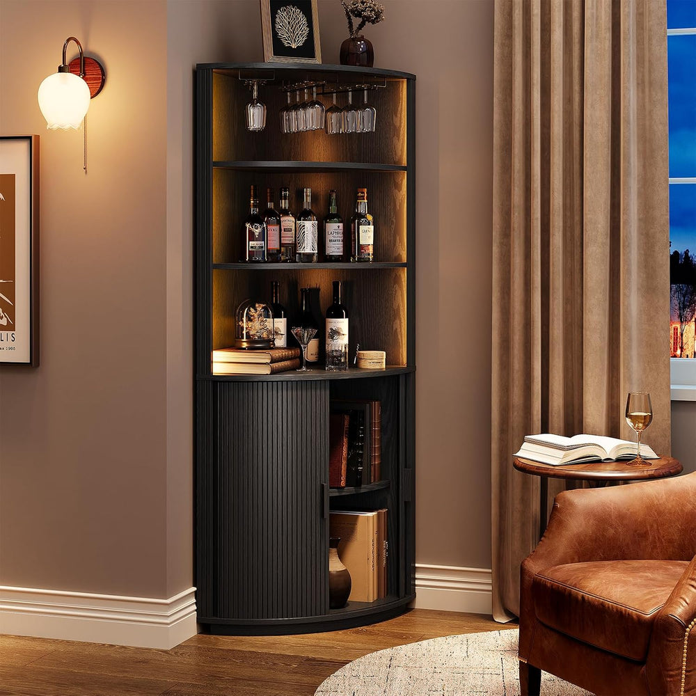 ONBRILL 72" Tall Corner Bar Cabinet with LED Light, Liquor Cabinets, Black