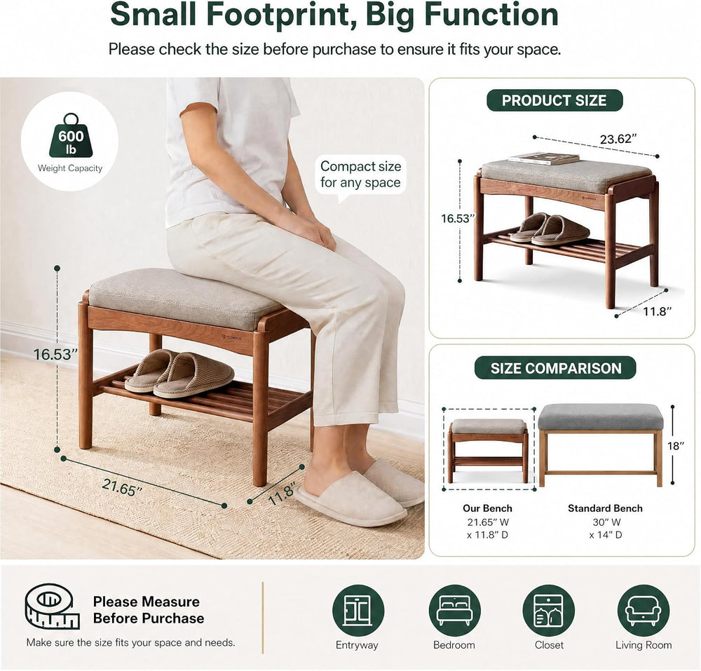 Solid Wood Shoe Bench, 24 Inch Entryway Bench with Gray Cushion | Rich walnut...