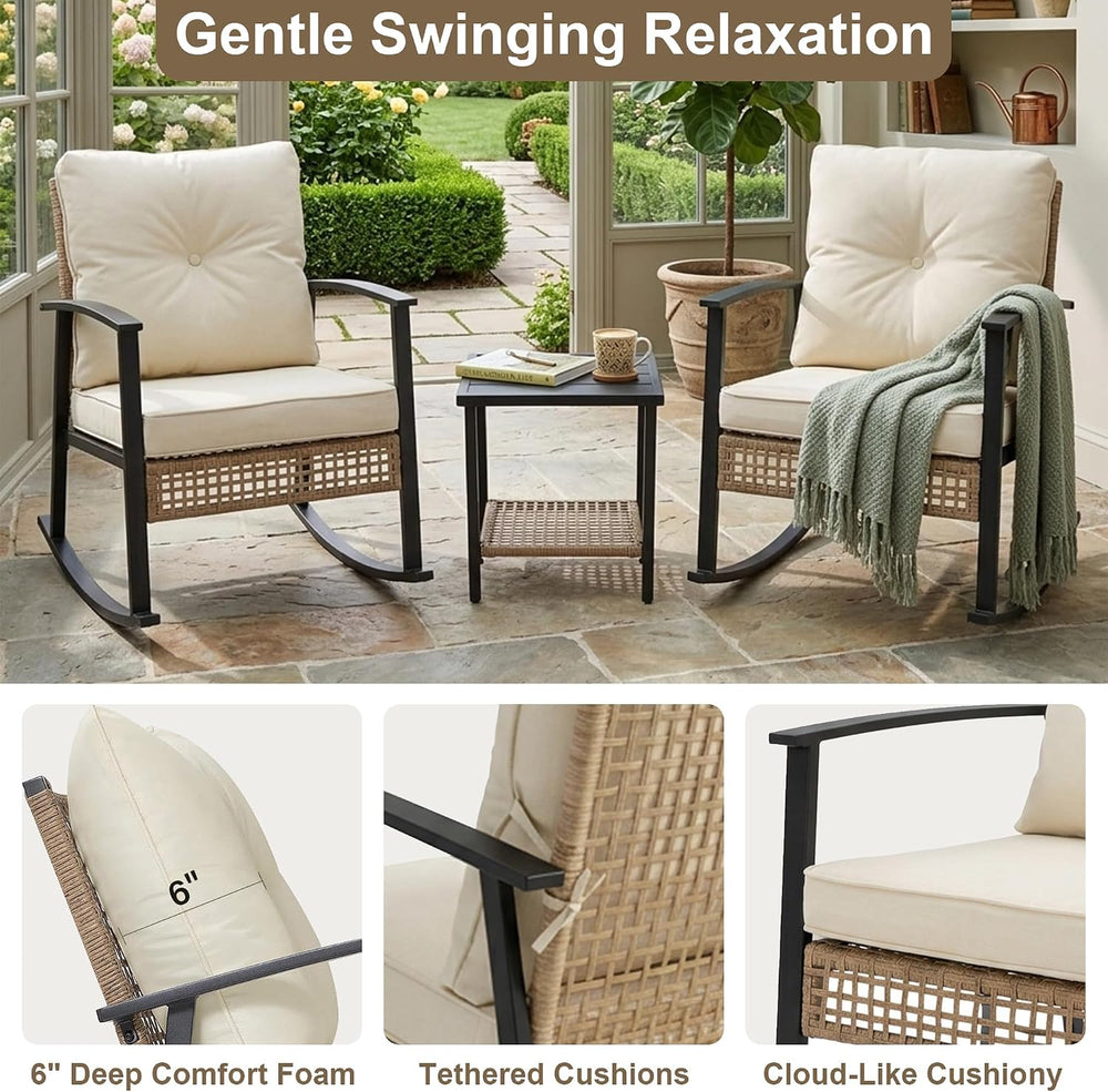 Outdoor Rocking Chairs Set of 2, 3-Piece Bistro Patio Furniture Set with Thic...