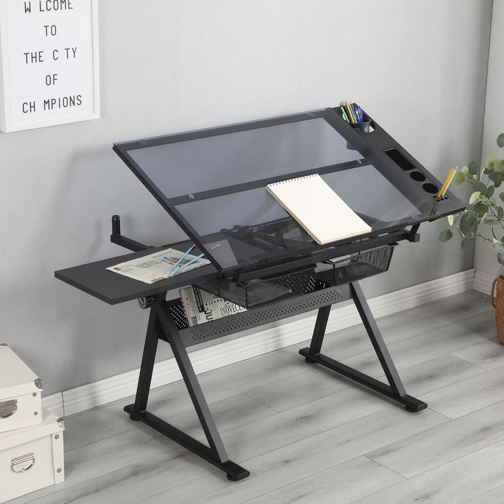 Drafting Table, 0 75° Adjustable Glass Top Artist Table Height Adjustable Dra...