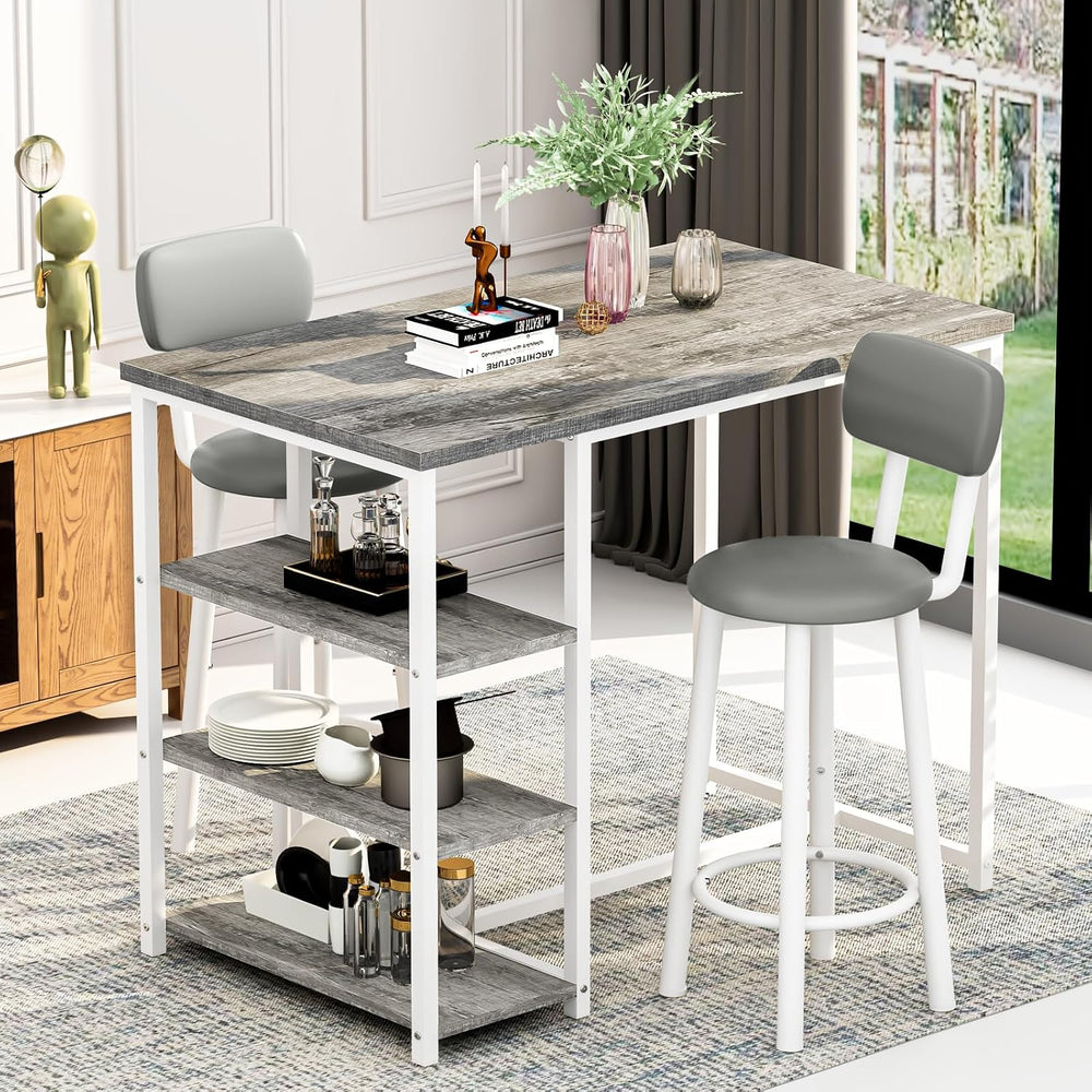 Recaceik Pub Dining Table Set for 2, Table and Bar Stools with 3 Storage Shel...