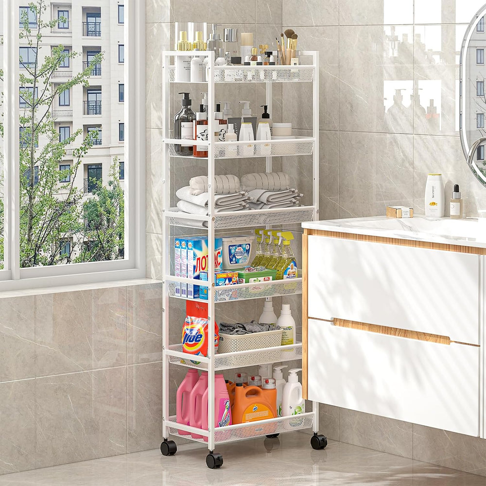 6 Tier Slim Rolling Storage Cart, Narrow Mobile Shelving Unit Organizer Utili...