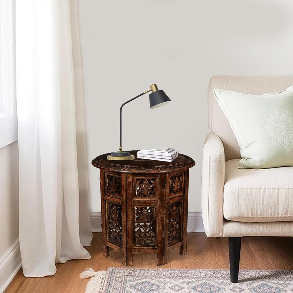 Round Wood Coffee Table - 18” Carved Small Accent Side Table with Burnt Finis...