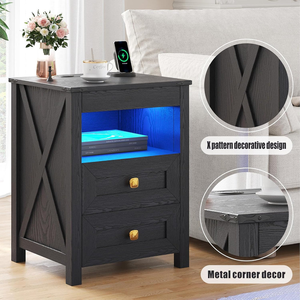 Farmhouse LED Nightstand Set 2 with Gun Drawer&Invisible Lock,Modern Beds...