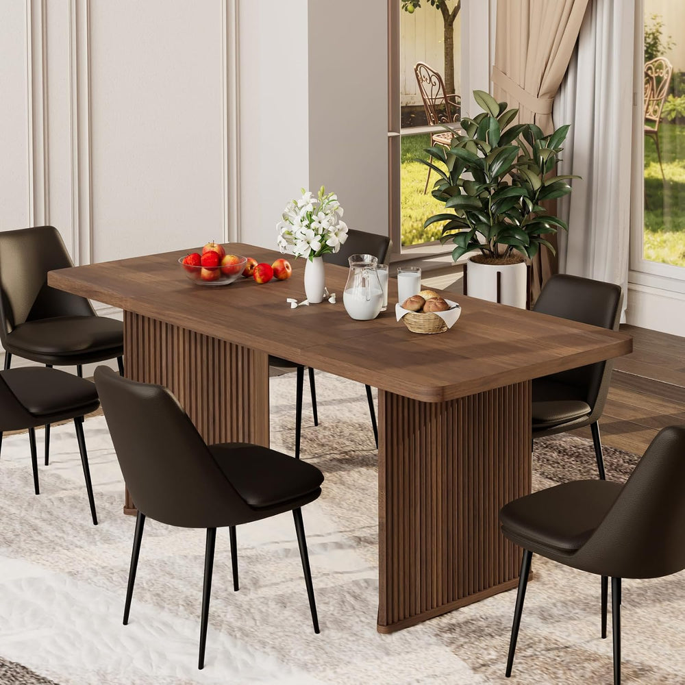71 inch Rectangular Wood Dining Table for 6-8 People, Modern Fluted Pedestal ...