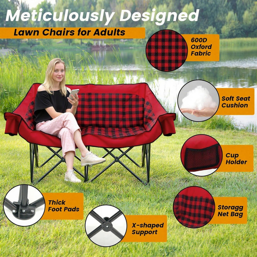 Heated Double Camping Chair, Padded Camping Couch with 3 Heat Levels and 4 He...