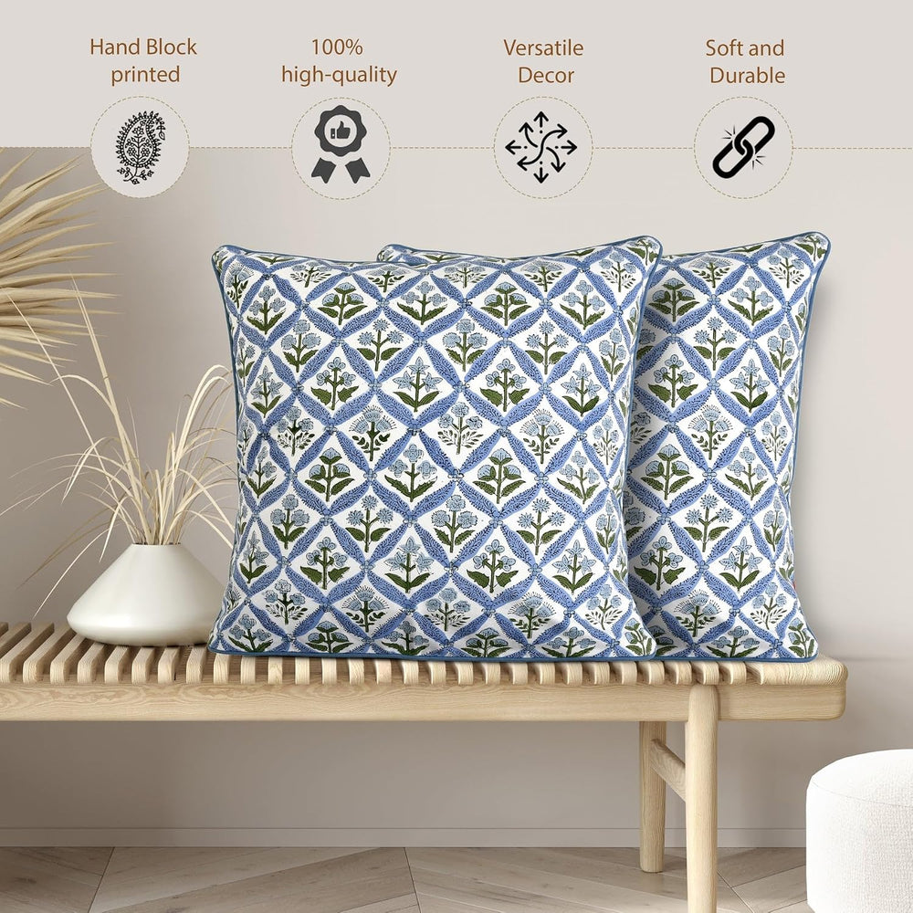 Ridhi Light Steel Blue Block Print Cotton Pillow Cover 18x18 Inch Set of 2