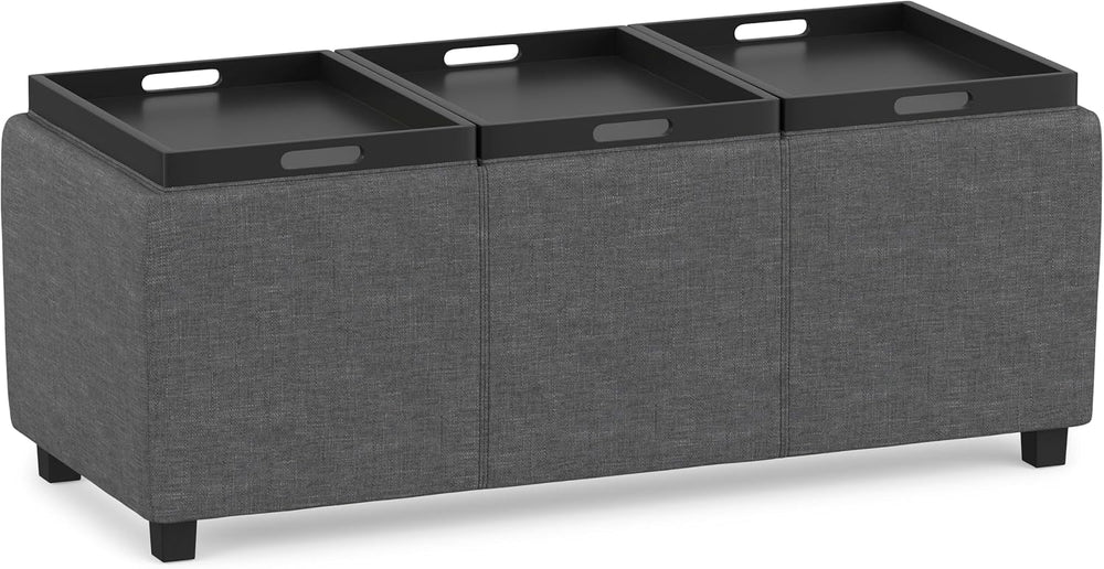 SIMPLIHOME Avalon 42" Wide Linen Look Fabric Storage Ottoman in Slate Grey