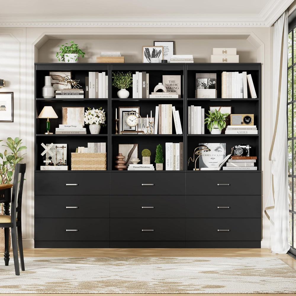 FOTOSOK 71" Black Bookshelf with 3 Drawers, Tall Bookshelf and Bookcase
