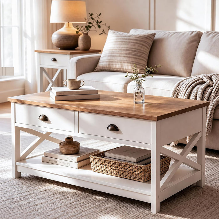 MAISON ARTS Coffee Table with 2 Drawers, Farmhouse Living Room Center Table