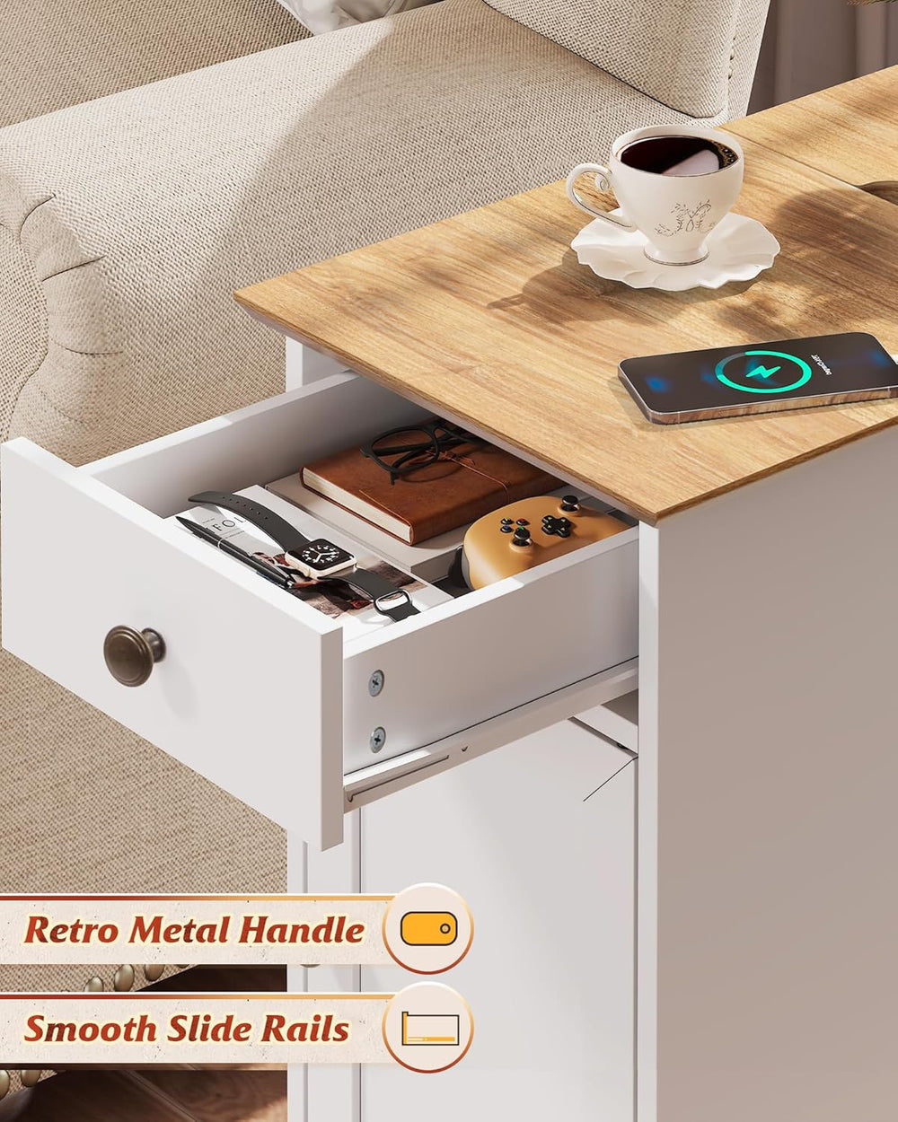 WLIVE End Table with Charging Station, Narrow Sied Table with Drawer & Ca...