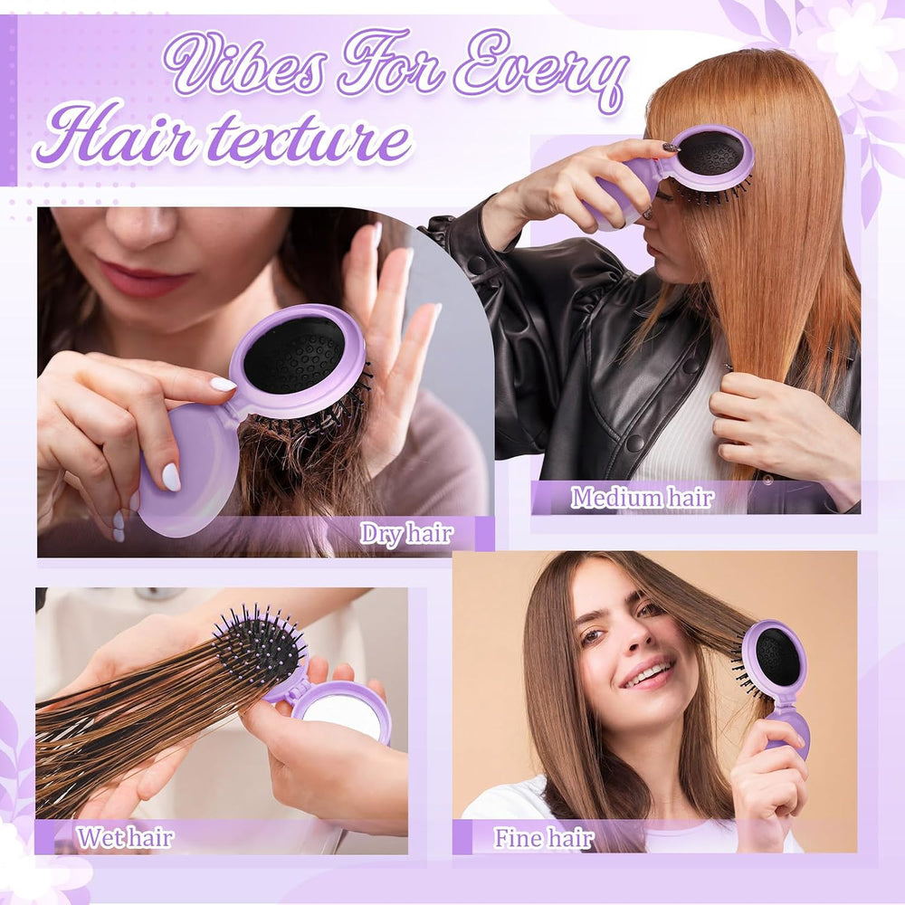 Sliner 60 Pcs Mini Folding Hair Brush with Mirror for Women, Purple