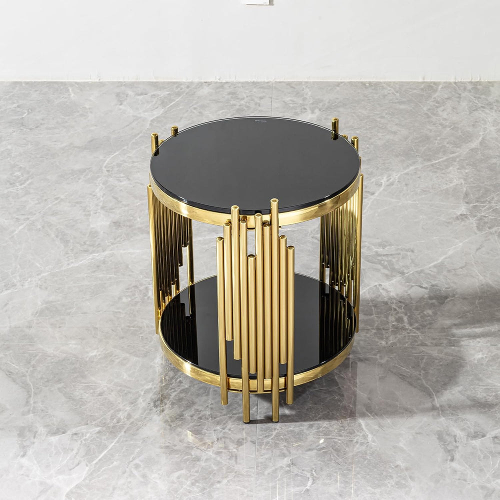 Gold Black End Table with Golden Stainless Steel Frame,Modern Glass Bedside N...